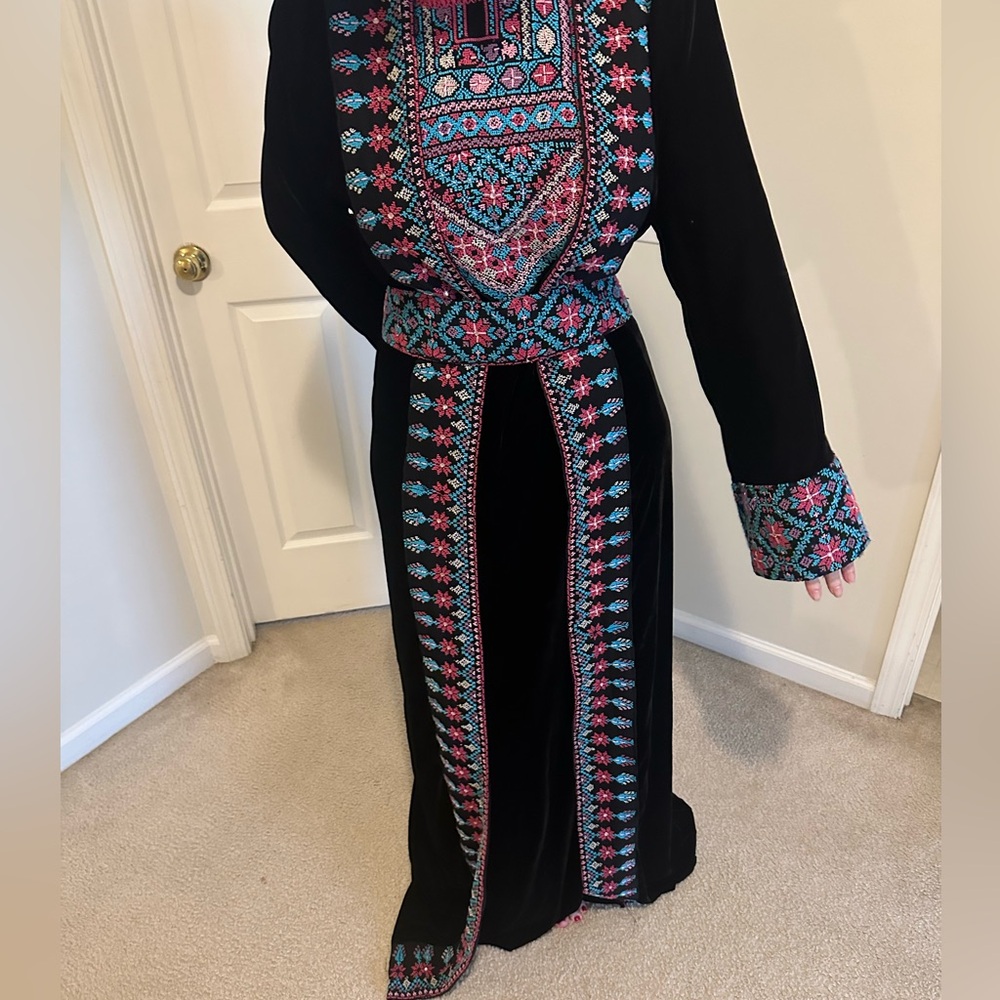 3 piece silky velvet abaya with handmade Tatreez